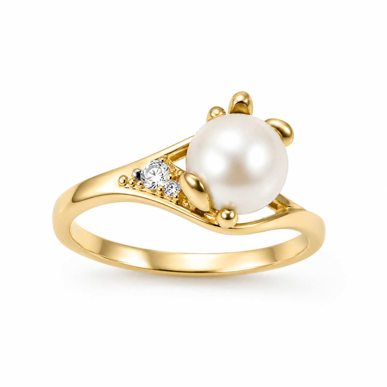 Golden Pearl Ring – Gold-Tone Luminous Pearl & Crystal Statement Ring size 8