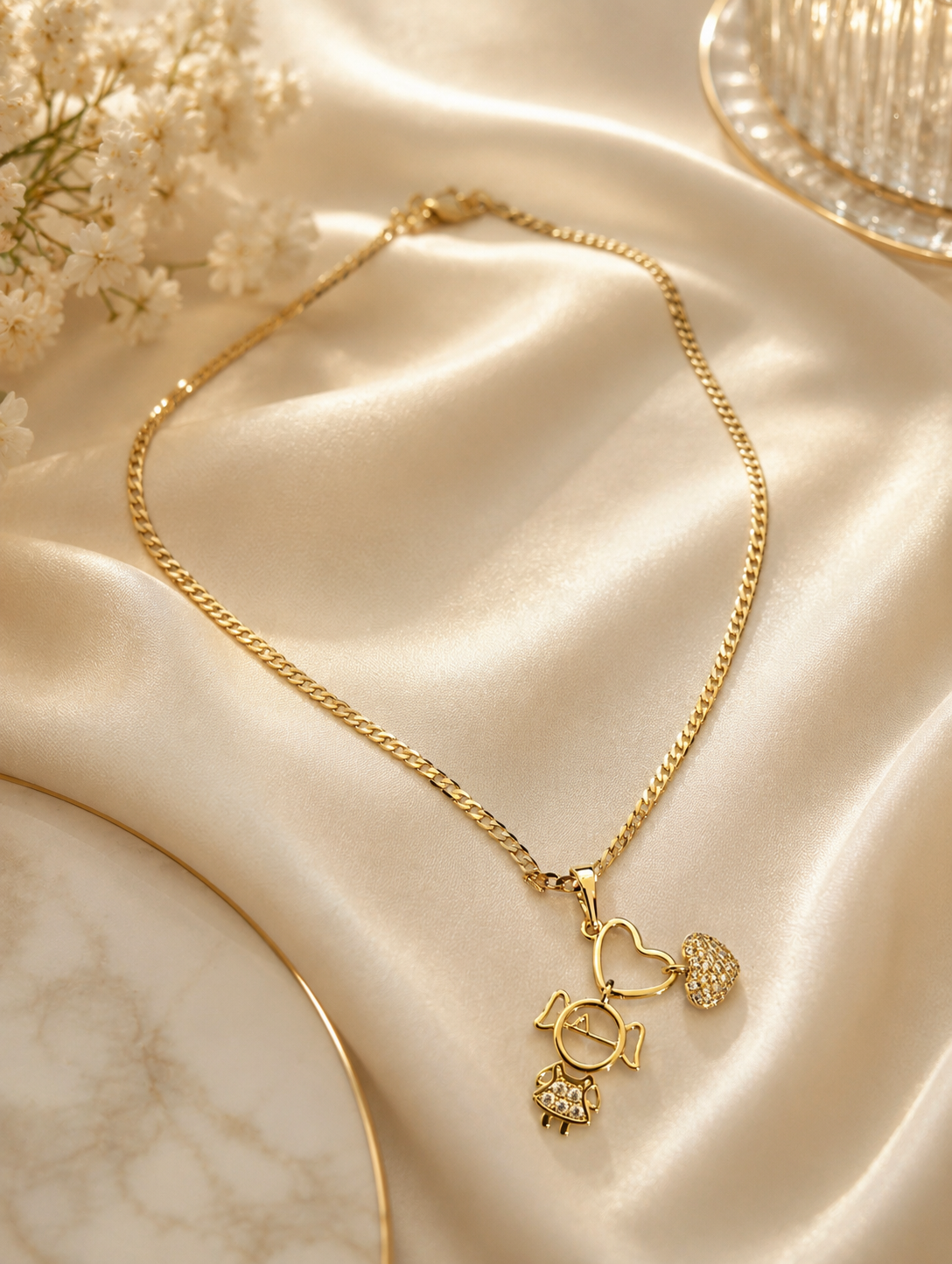Gold Girl & Pavé Heart Charm Necklace