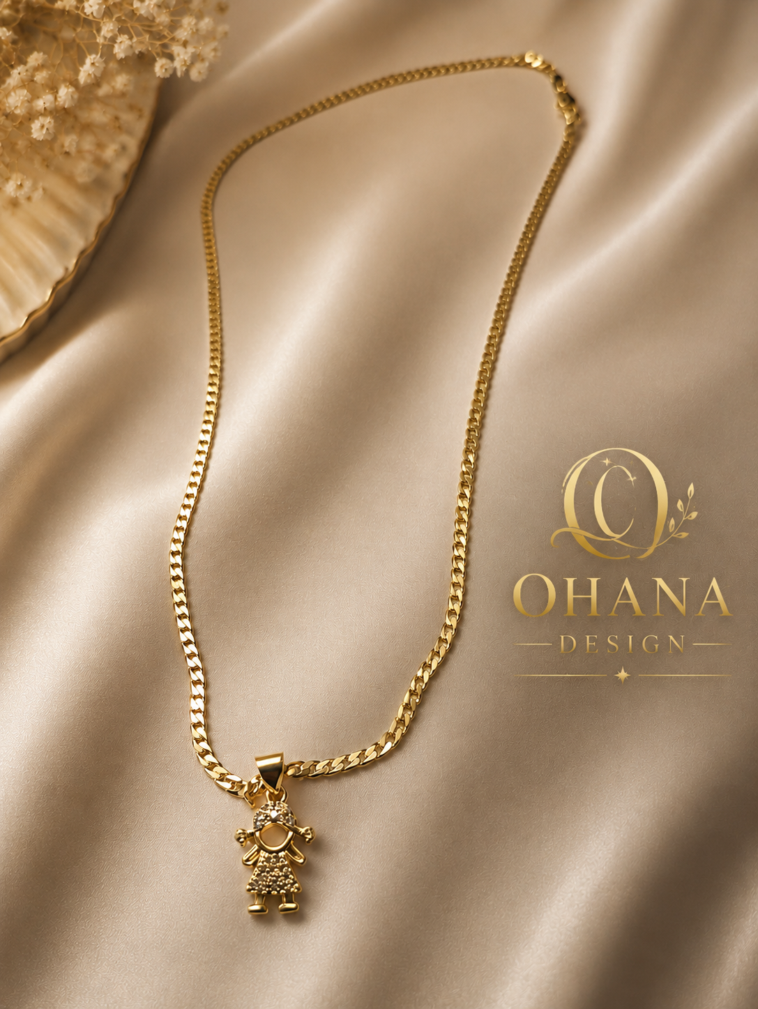 Gold Little Girl Charm Cuban Chain Necklace