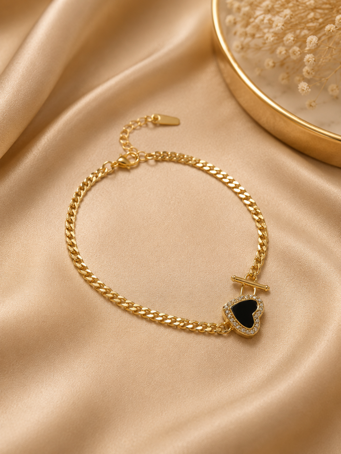 Gold Cuban Chain Bracelet with Black Heart Charm