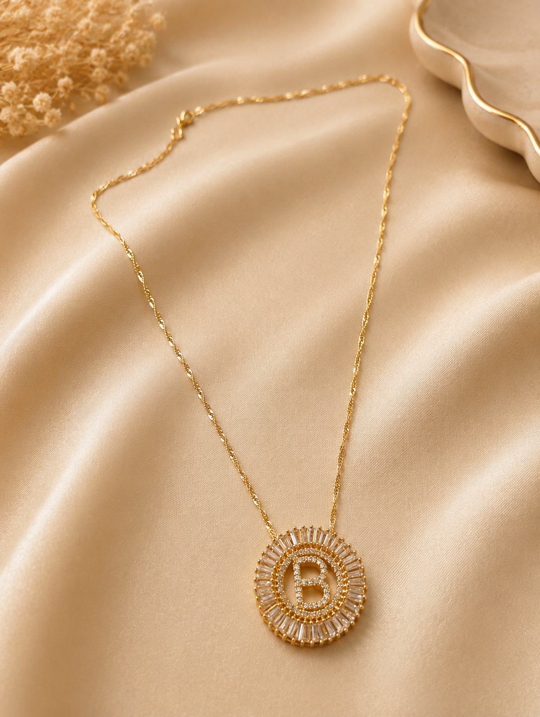 Gold Initial B Baguette Pendant Necklace