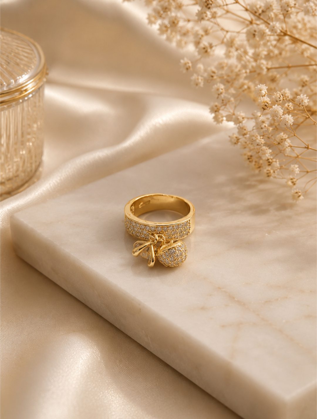 Gold Crystal Cherry Charm Ring size 7