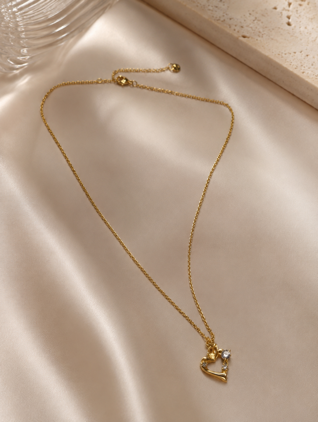 Gold Dainty Heart Pendant Necklace with Crystal Accent