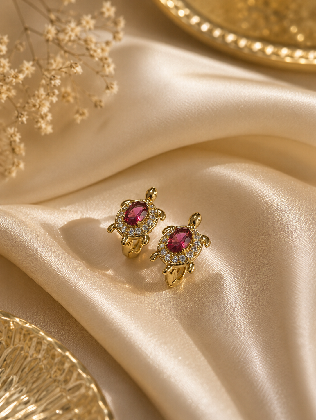 Gold Ruby Crystal Turtle Stud Earrings
