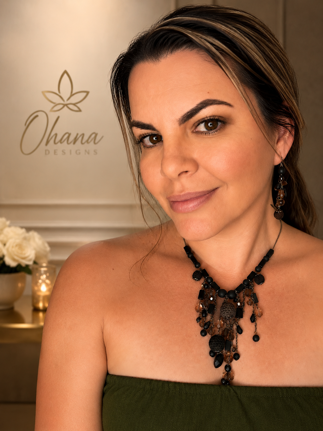 Black & Bronze Cascading Bead Necklace & Earring Set