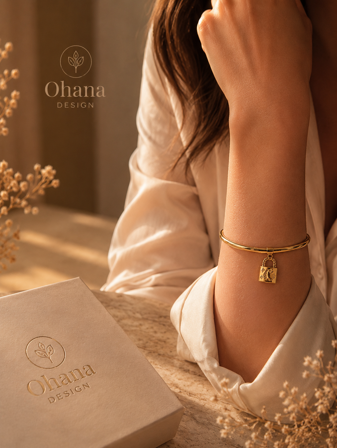 Gold Double Bangle Bracelet with Pavé Lock Charm