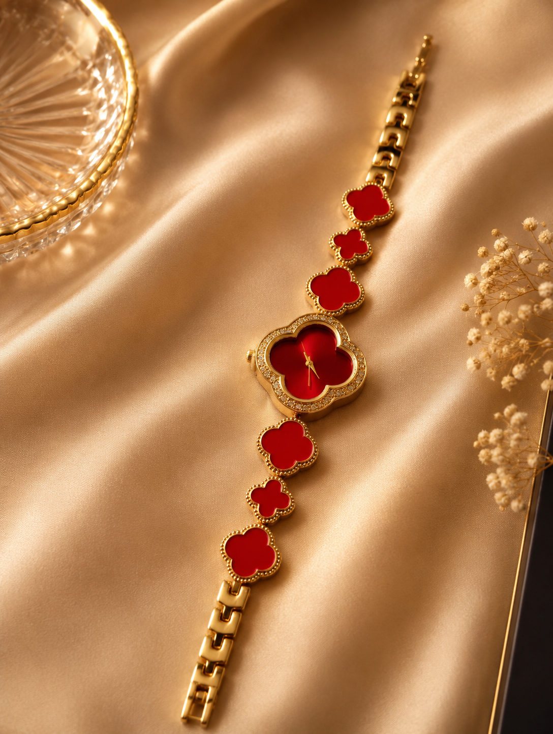 Gold & Red Clover Bracelet Watch – Luxury Four-Leaf Clover Enamel Ladies Watch