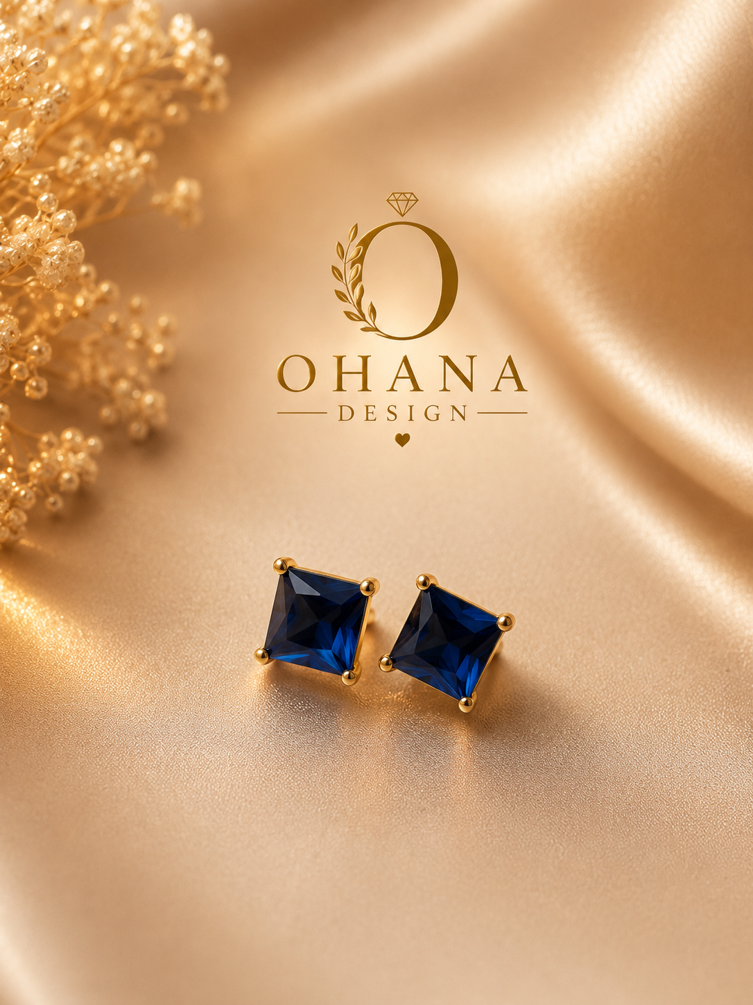 Gold Sapphire Blue Princess-Cut Stud Earrings