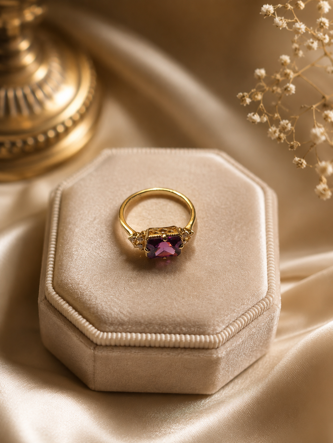 Purple Amethyst Emerald Cut Ring – Vintage Gold Statement Ring size 9