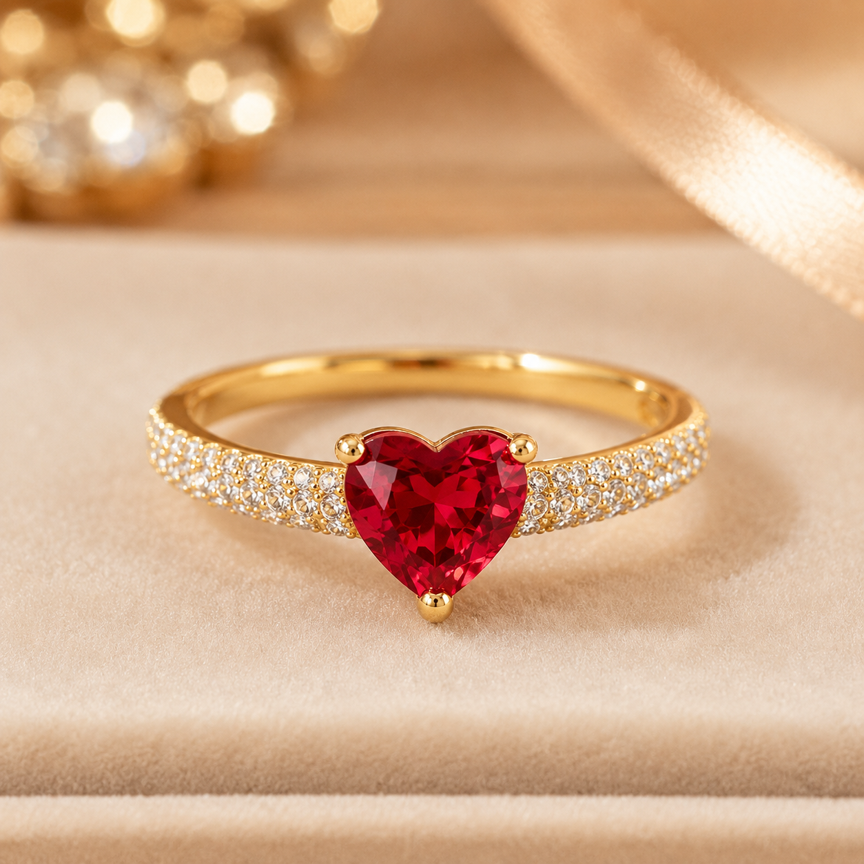 Ruby Heart Crystal Ring – Gold-Plated Red Heart Statement Ring size 9
