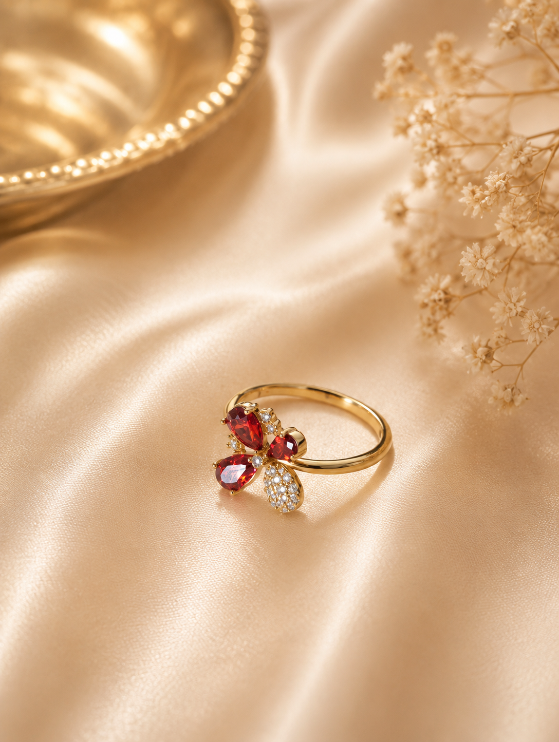 Gold Ruby & Crystal Flower Petal Ring 9.5