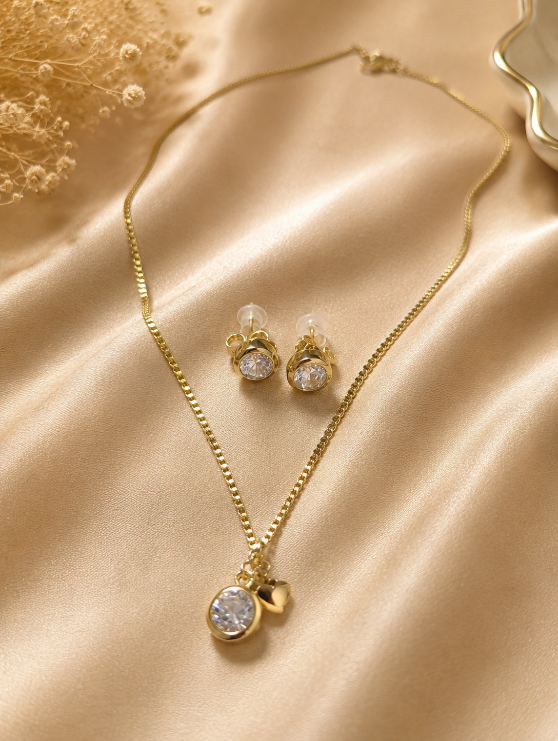 Gold Crystal Solitaire Necklace & Earrings Set