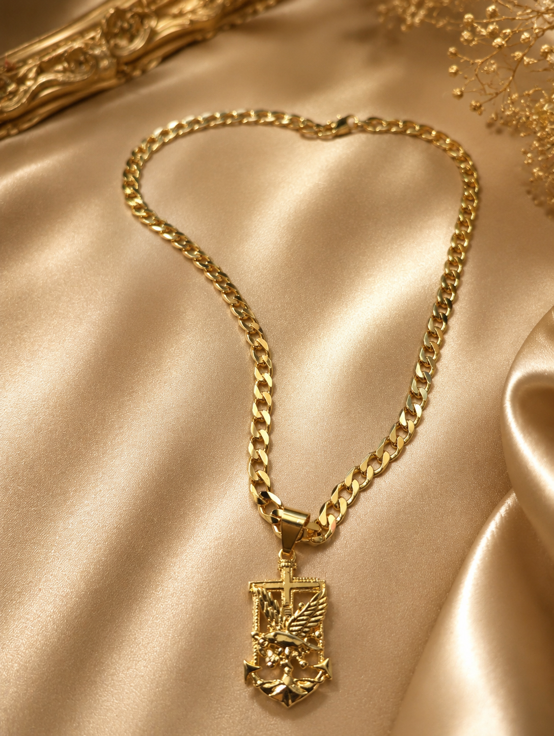 Gold Angel Cross Shield Pendant Necklace – Cuban Link Chain Statement Piece