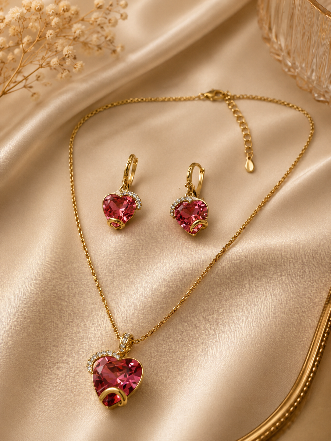 Gold Pink Heart Crystal Necklace & Earrings Set