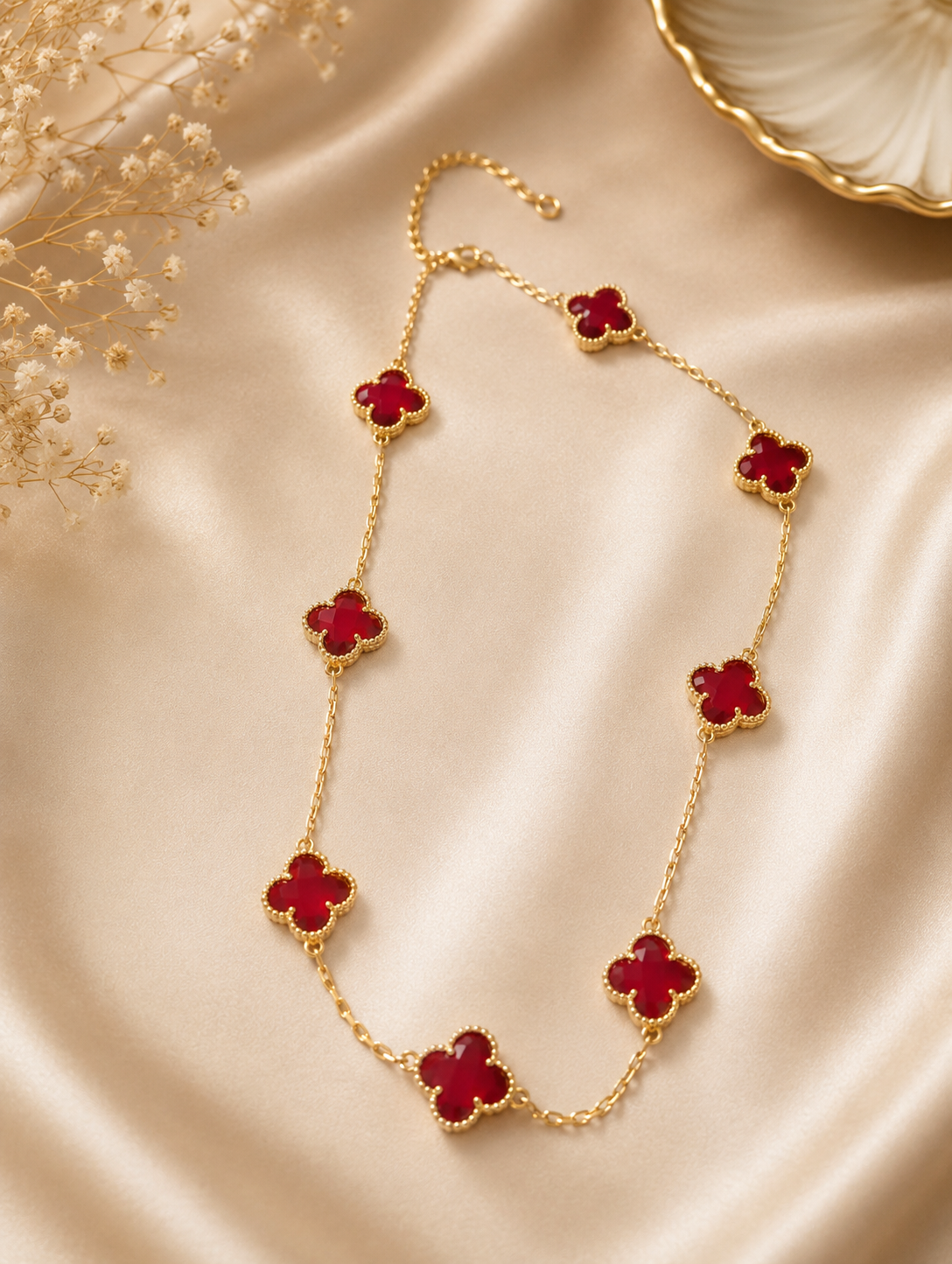 Gold Red Clover Station Necklace
