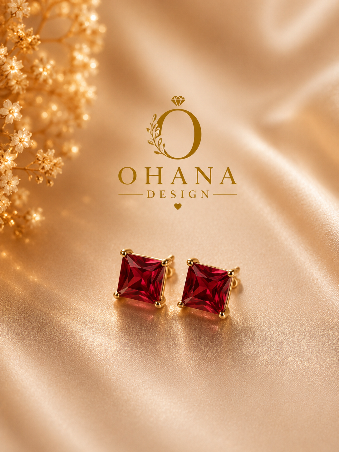 Gold Ruby Red Princess-Cut Stud Earrings