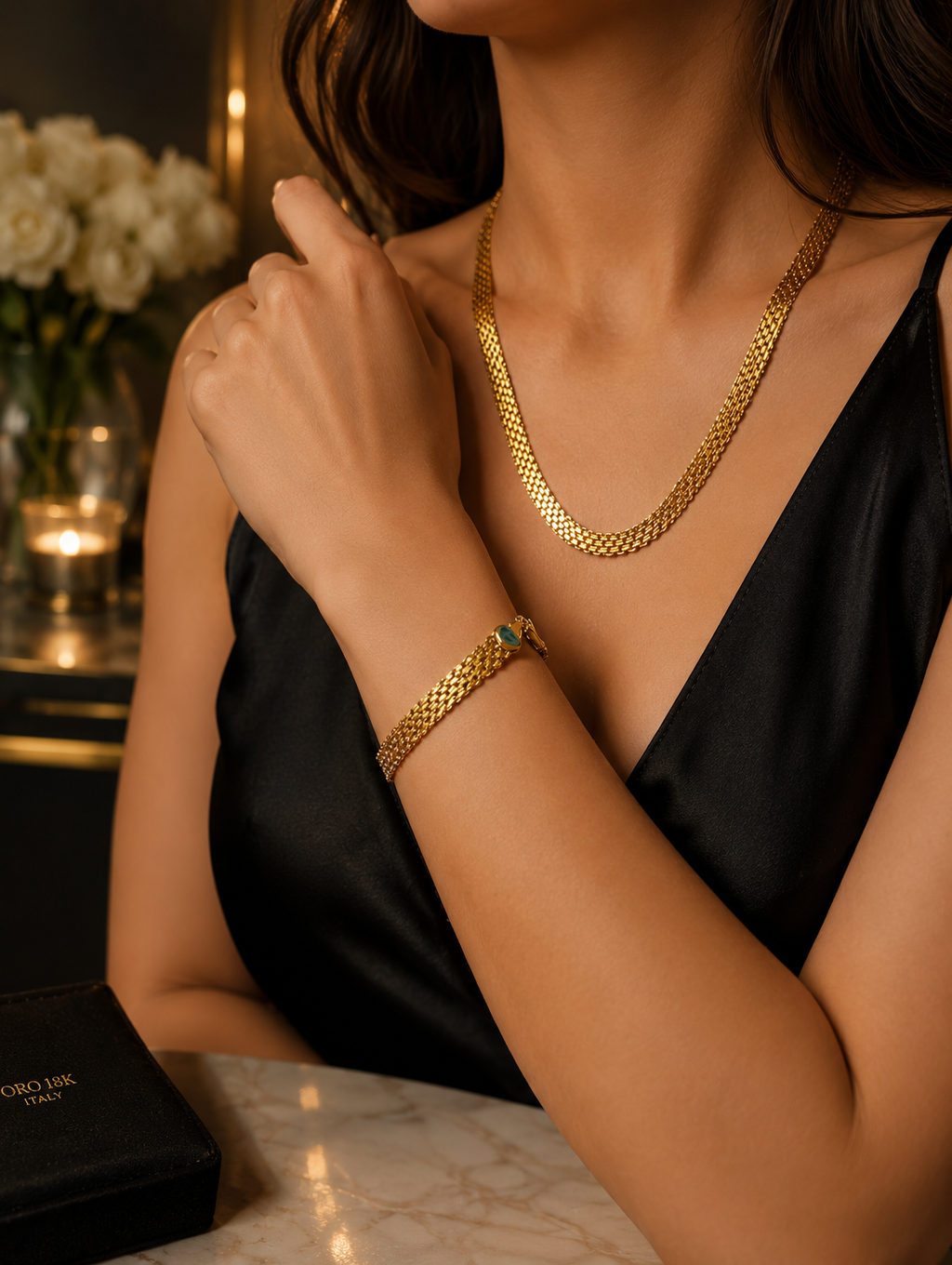Gold Mesh Chain Necklace & Bracelet Set
