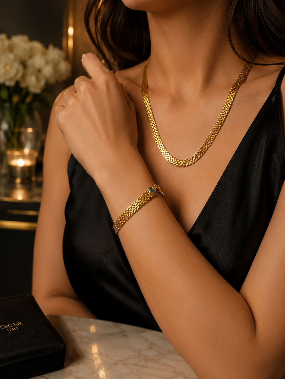 Gold Mesh Chain Necklace & Bracelet Set