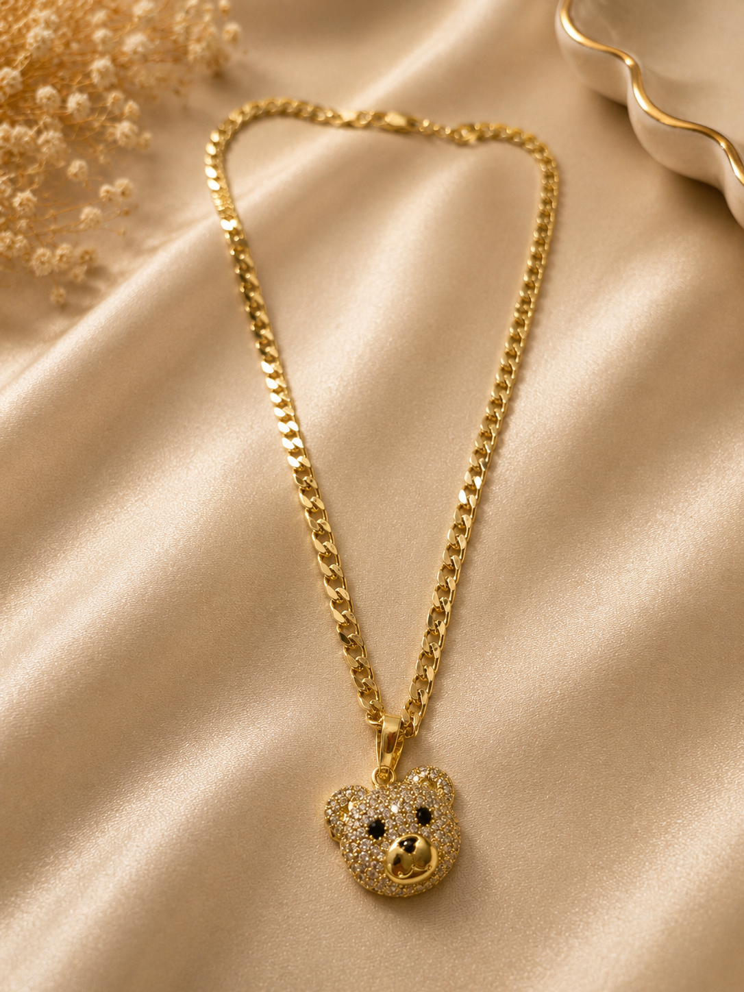 Gold Pavé Teddy Bear Cuban Chain Necklace