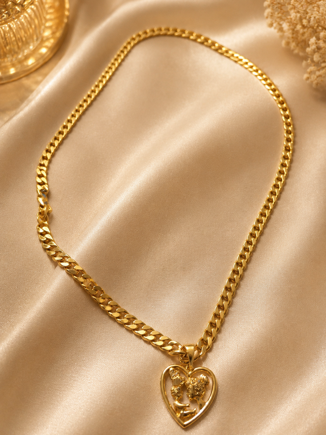 Gold Cuban Chain Necklace with Mother & Baby Heart Pendant