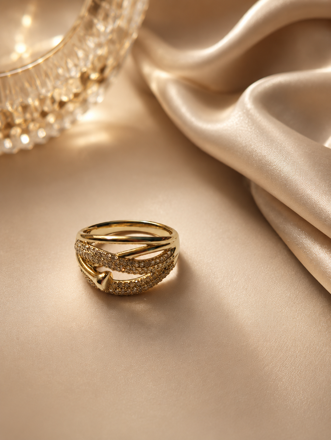 Gold Crossover CZ Pavé Cocktail Ring size 8