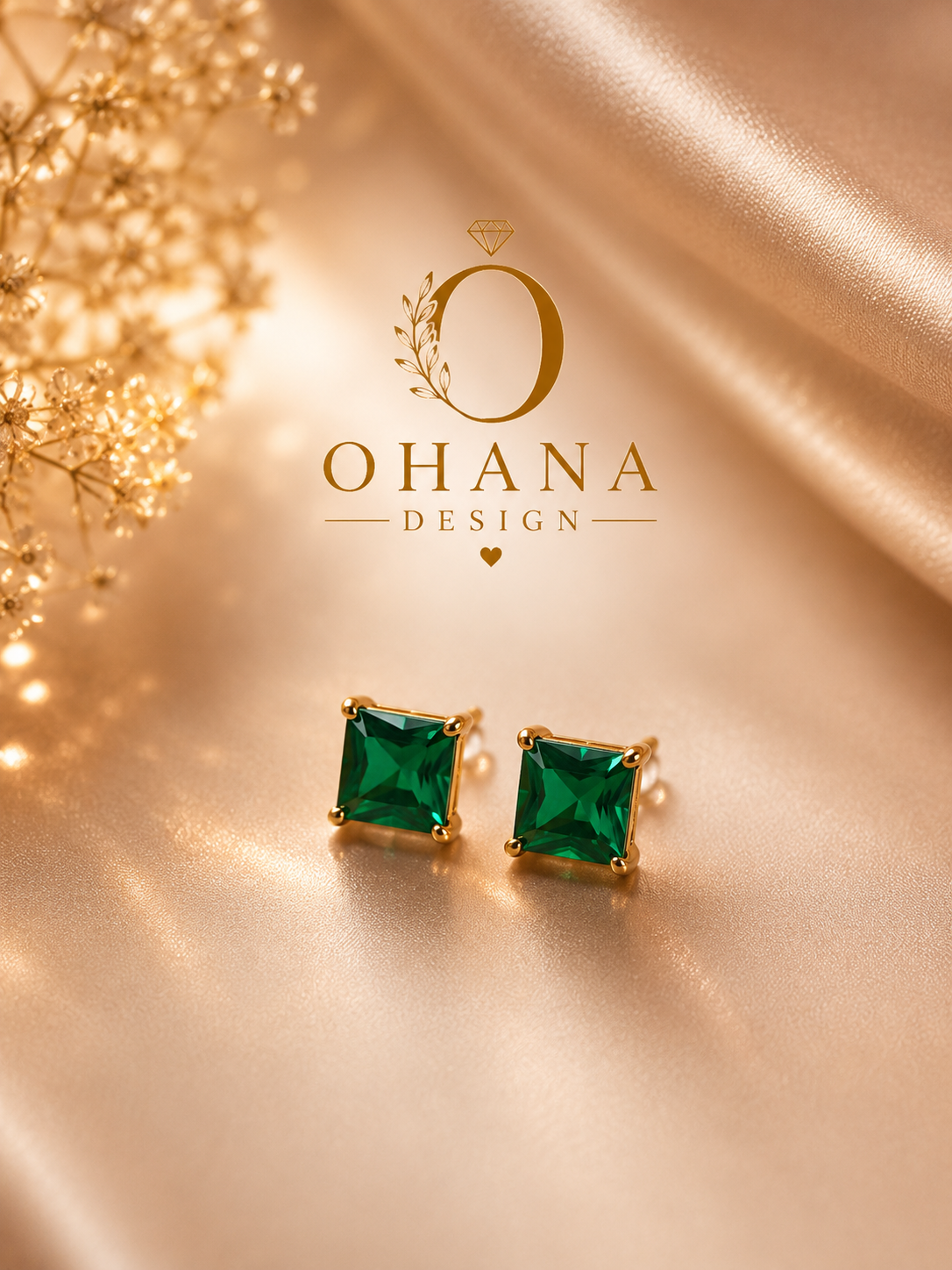 Gold Emerald Green Princess-Cut Stud Earrings