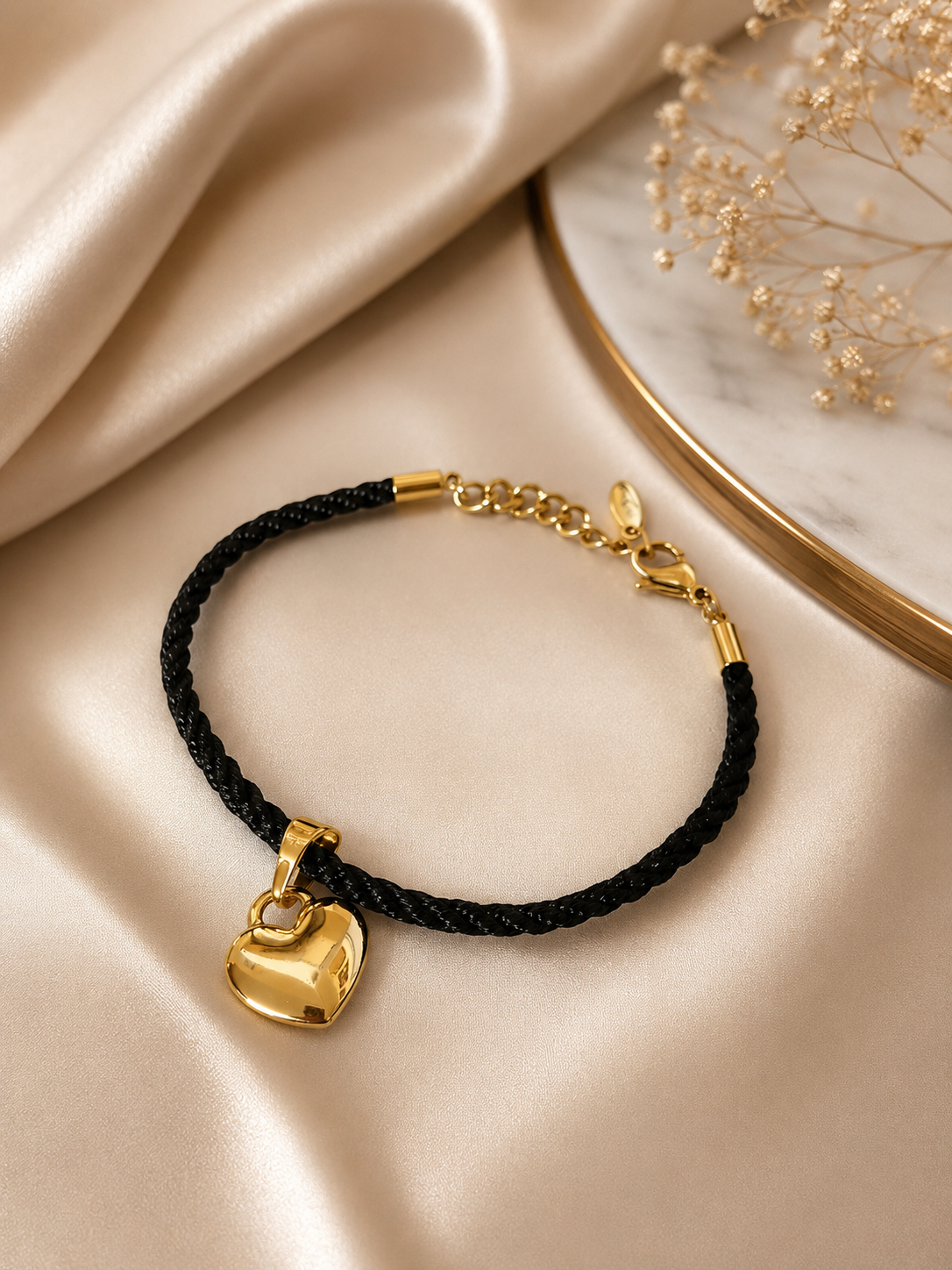 Gold Puffy Heart Black Braided Cord Bracelet