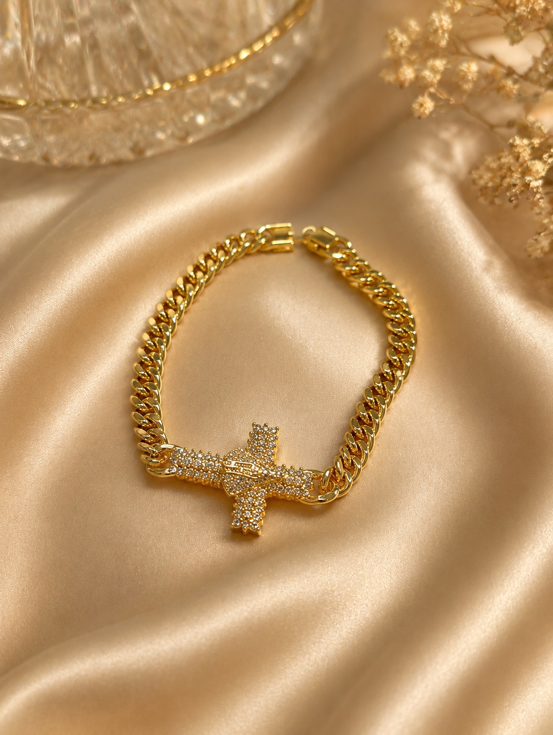 Gold Cuban Chain Bracelet with Iced Cross Charm