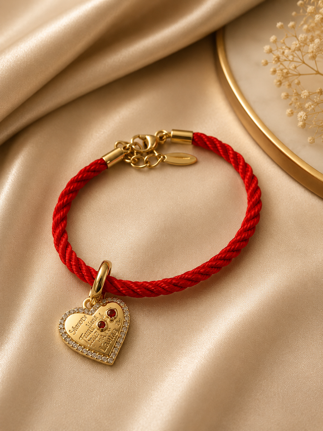 Gold Engraved Crystal Heart Red Rope Bracelet