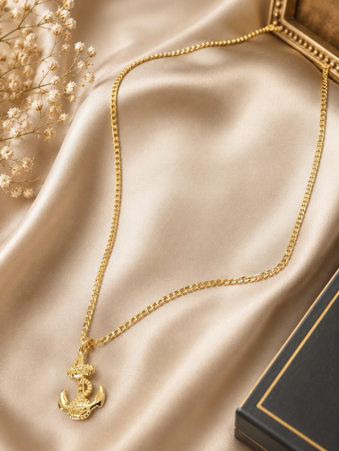 Gold Ornate Anchor Pendant Curb Chain Necklace