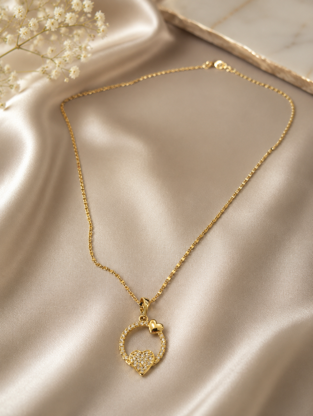 Gold Crystal Pavé Heart Circle Pendant Necklace