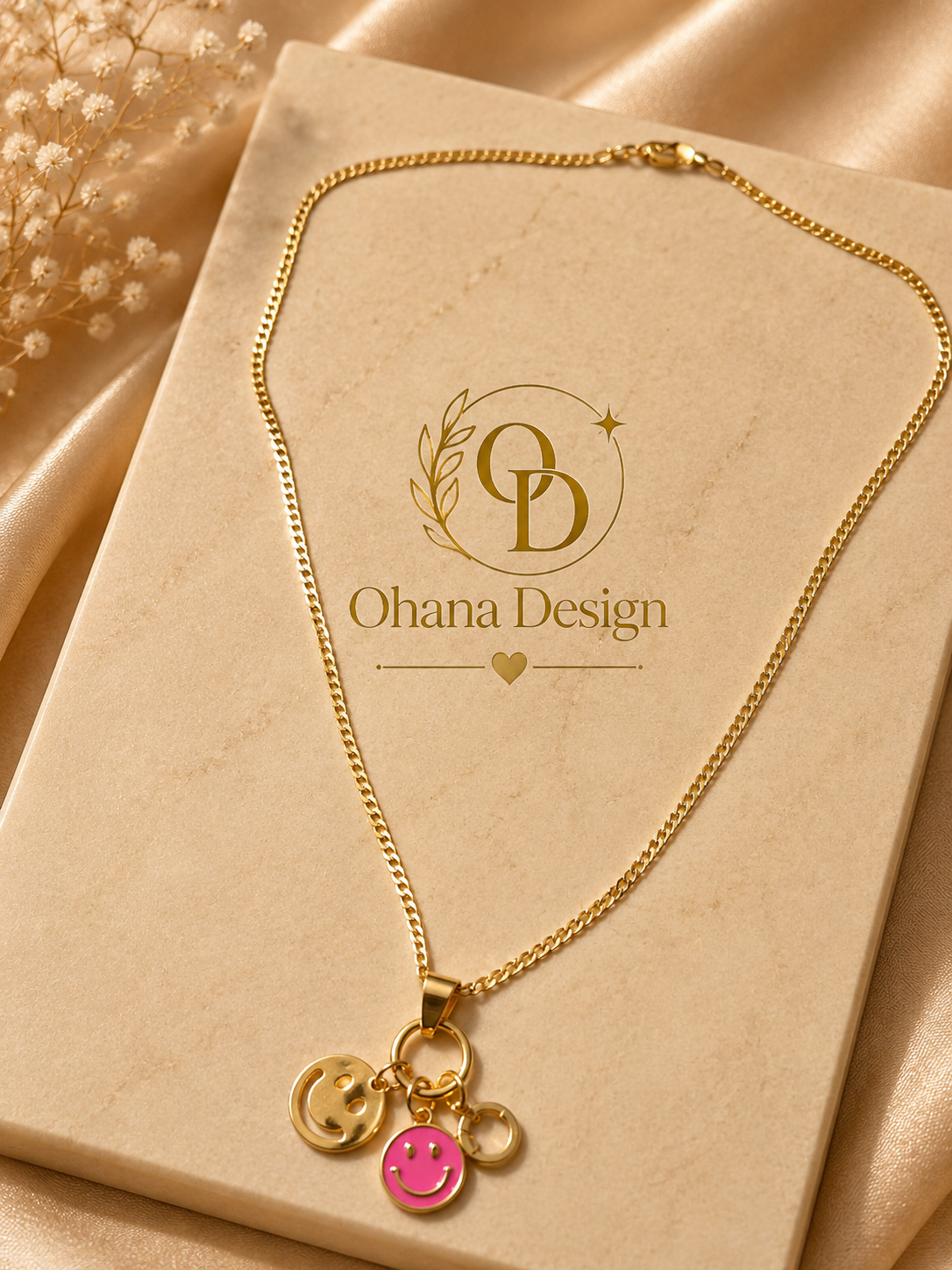 Gold & Pink Smiley Face Charm Cuban Chain Necklace