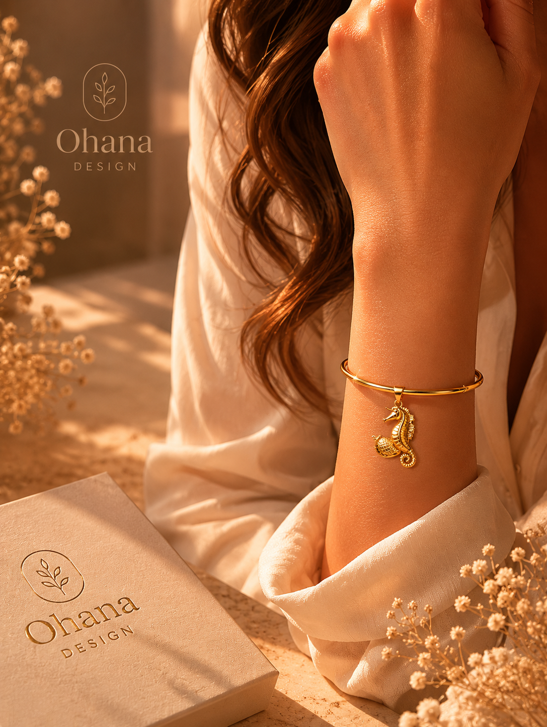 Gold Seahorse Charm Bangle Bracelet