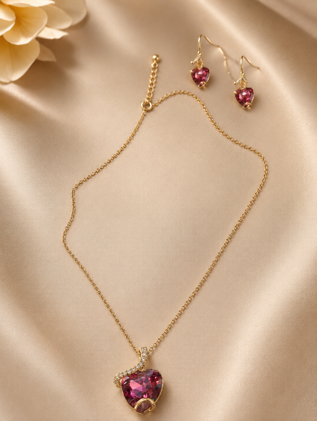 Pink Crystal Heart Necklace & Earring Set