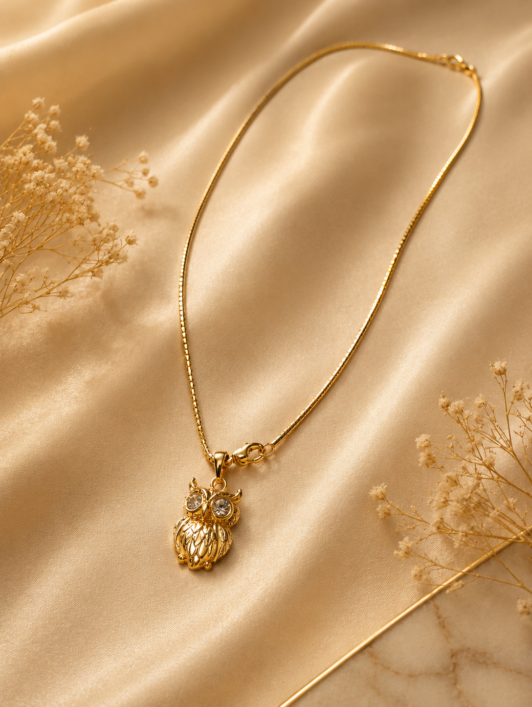 Gold Owl Pendant Necklace with CZ Eyes