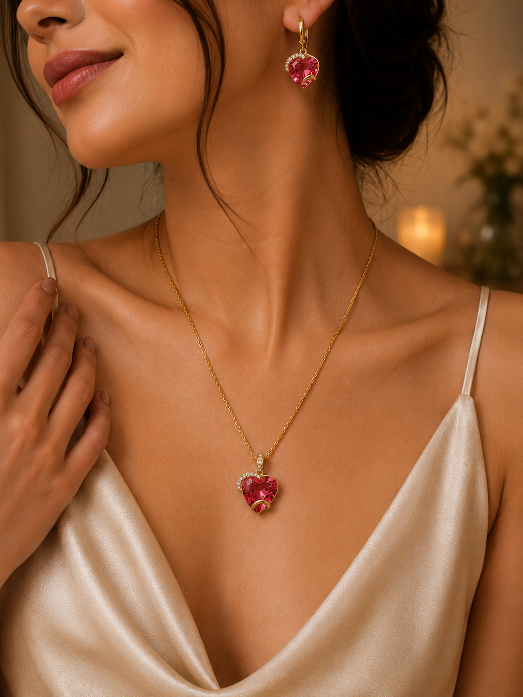 Gold Pink Heart Crystal Necklace & Earrings Set
