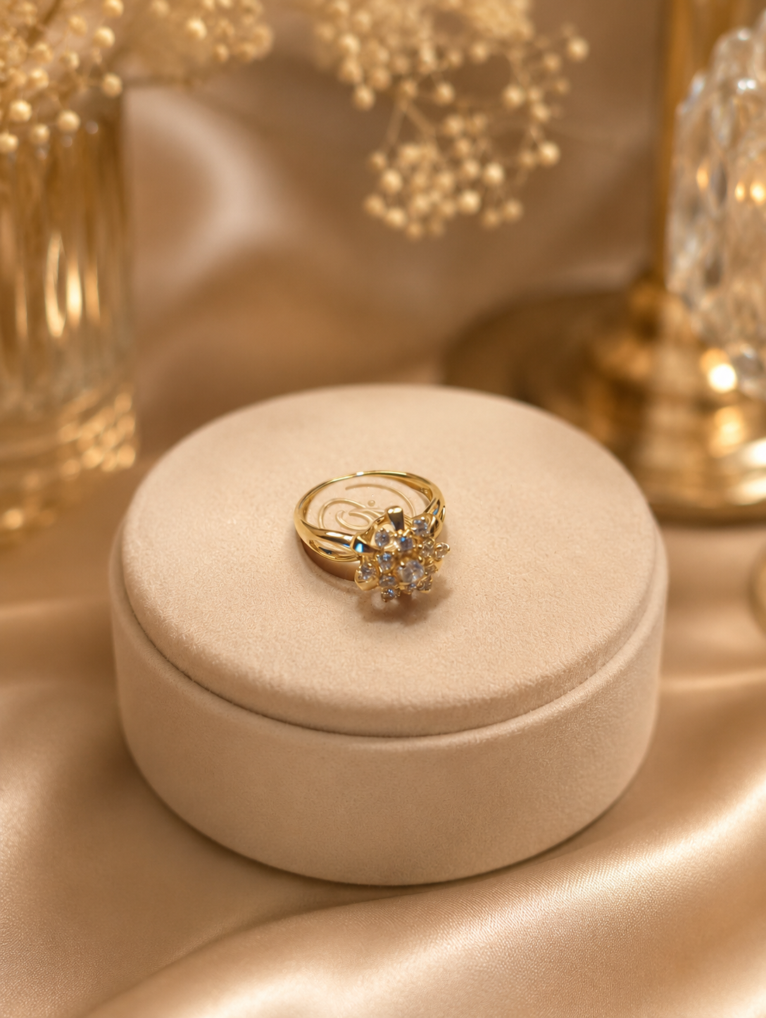 Gold Crystal Flower Cluster Ring – Sparkling Floral Statement Ring size 7