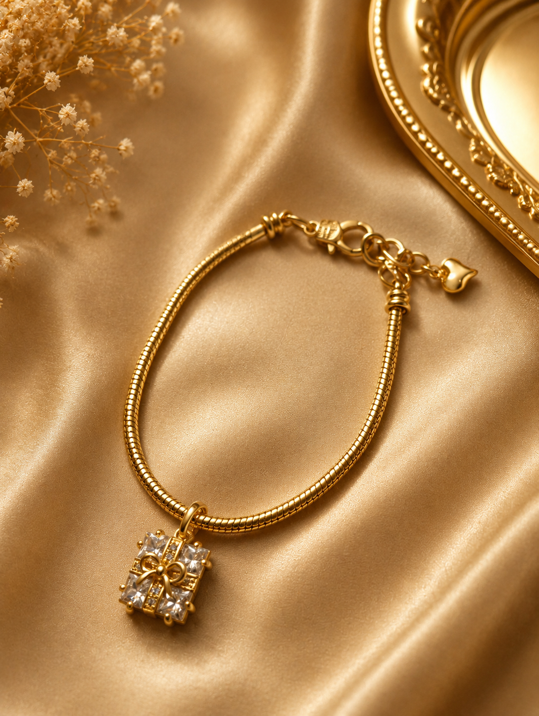 Gold CZ Gift Box Charm Snake Chain Bracelet