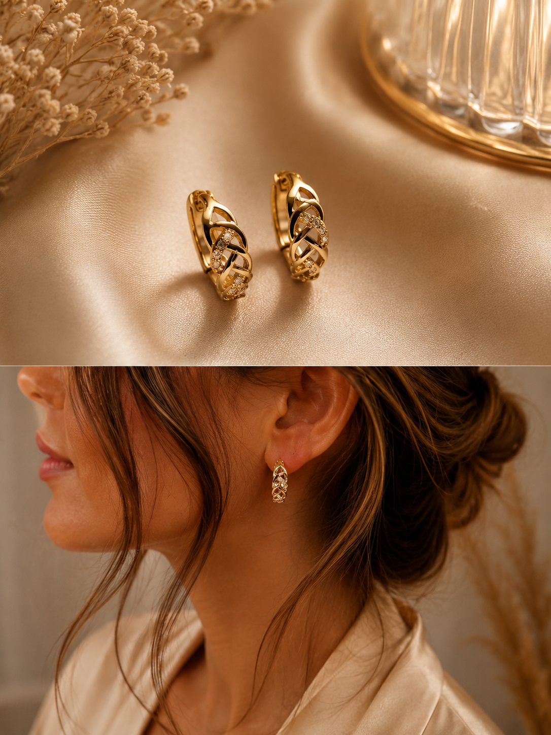 Gold Woven Lattice Crystal Huggie Earrings