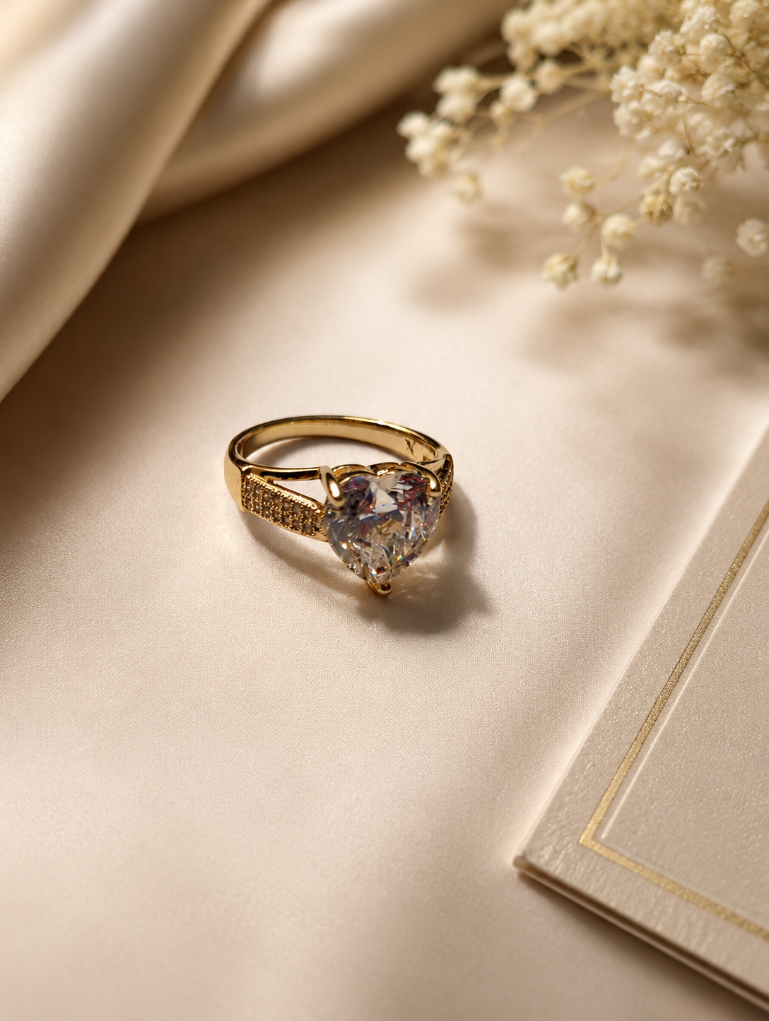 Gold Heart CZ Solitaire Ring with Pavé Shoulders size 8