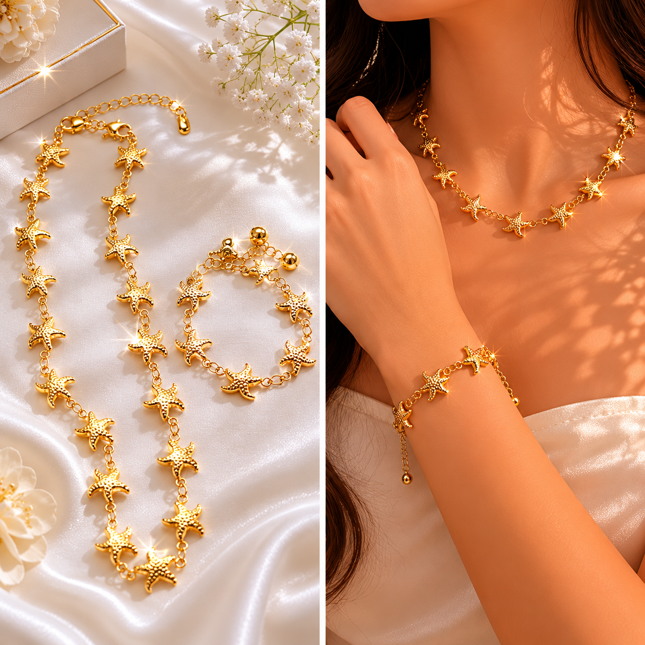 Gold Starfish Necklace & Bracelet Set