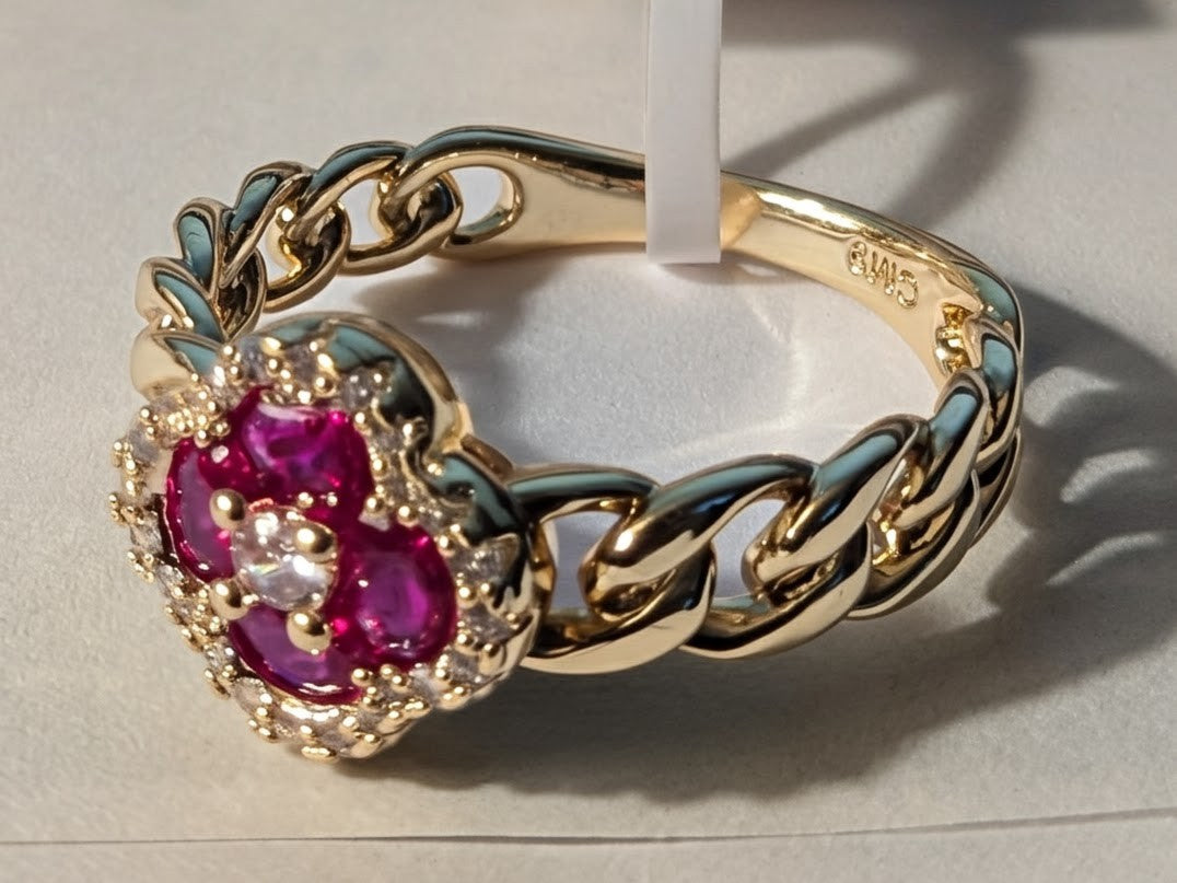 Ruby Cluster Chain Ring – Gold-Tone Curb Band with Gemstone Halo size 9