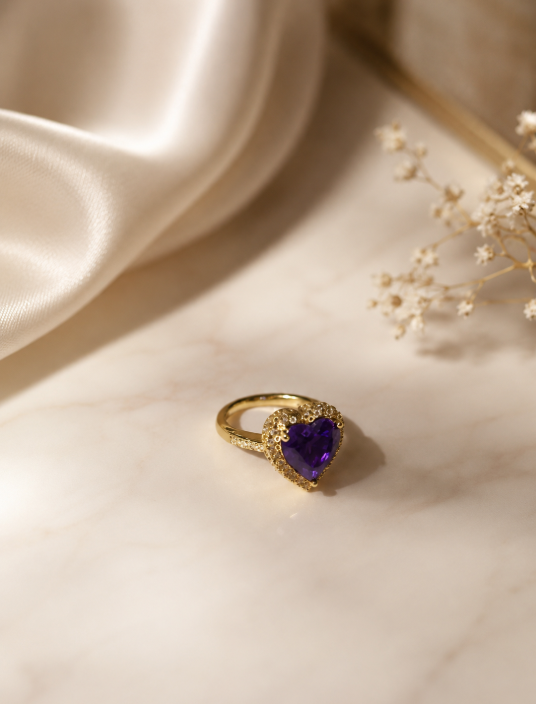Amethyst Heart Ring – Gold Halo Crystal Pavé Statement Ring size 6