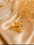 Gold Panther Head Ring with Emerald CZ Eye size 8