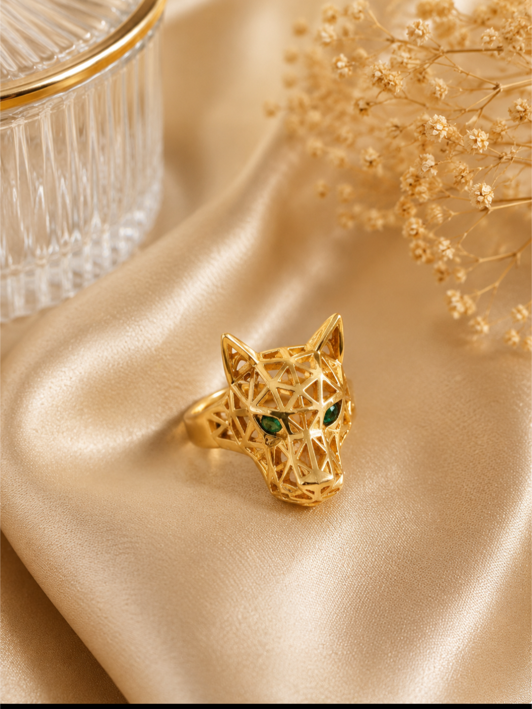Gold Panther Head Ring with Emerald CZ Eye size 8