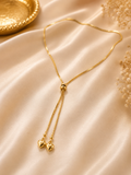 Gold Double Heart Tassel Lariat Necklace