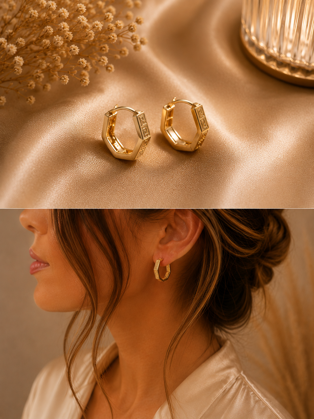 Gold Hexagonal Greek Key Huggie Hoop Earrings