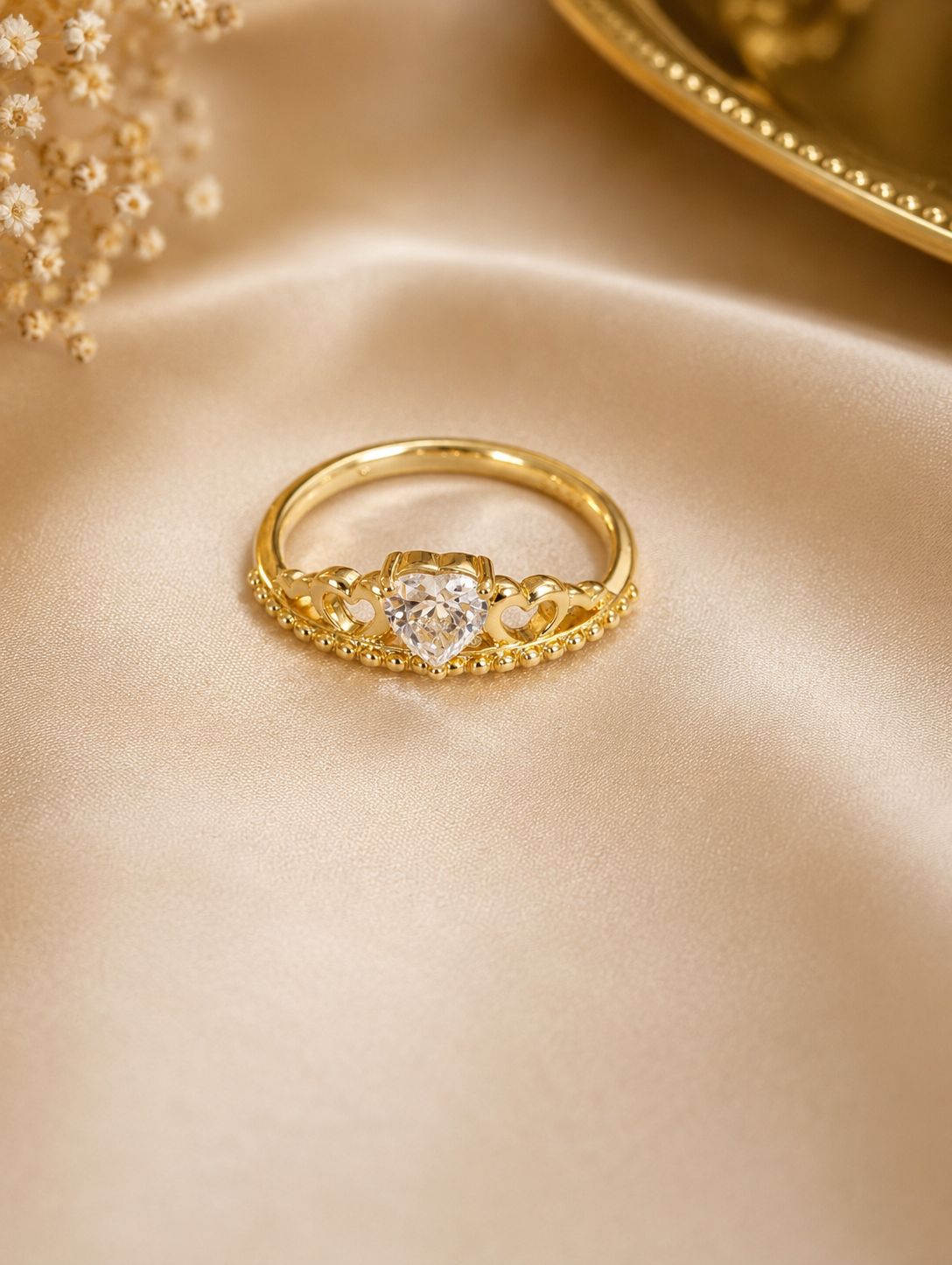 Gold Heart Crystal Crown Ring size 7