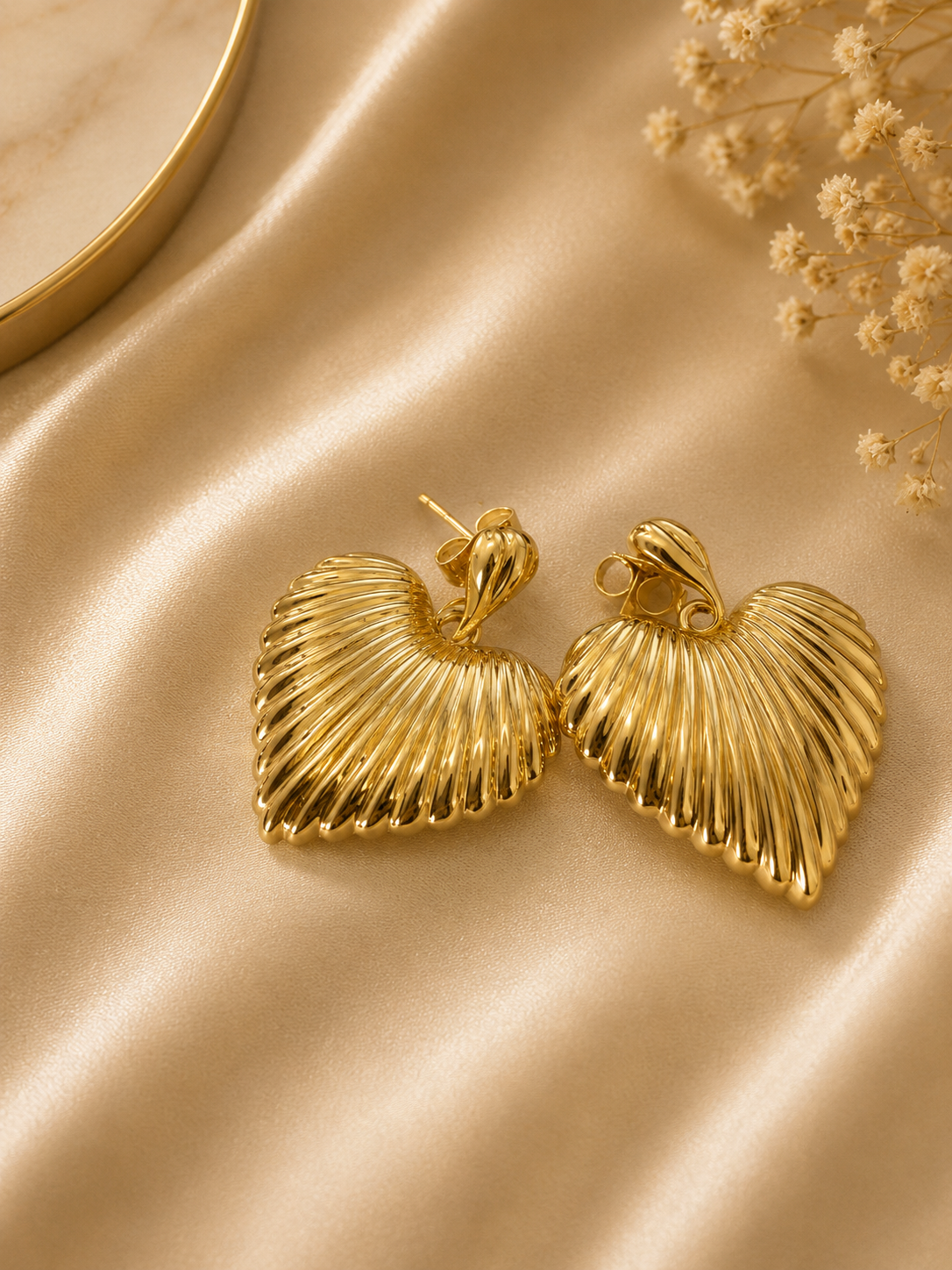 Gold Ribbed Puffy Heart Stud Earrings