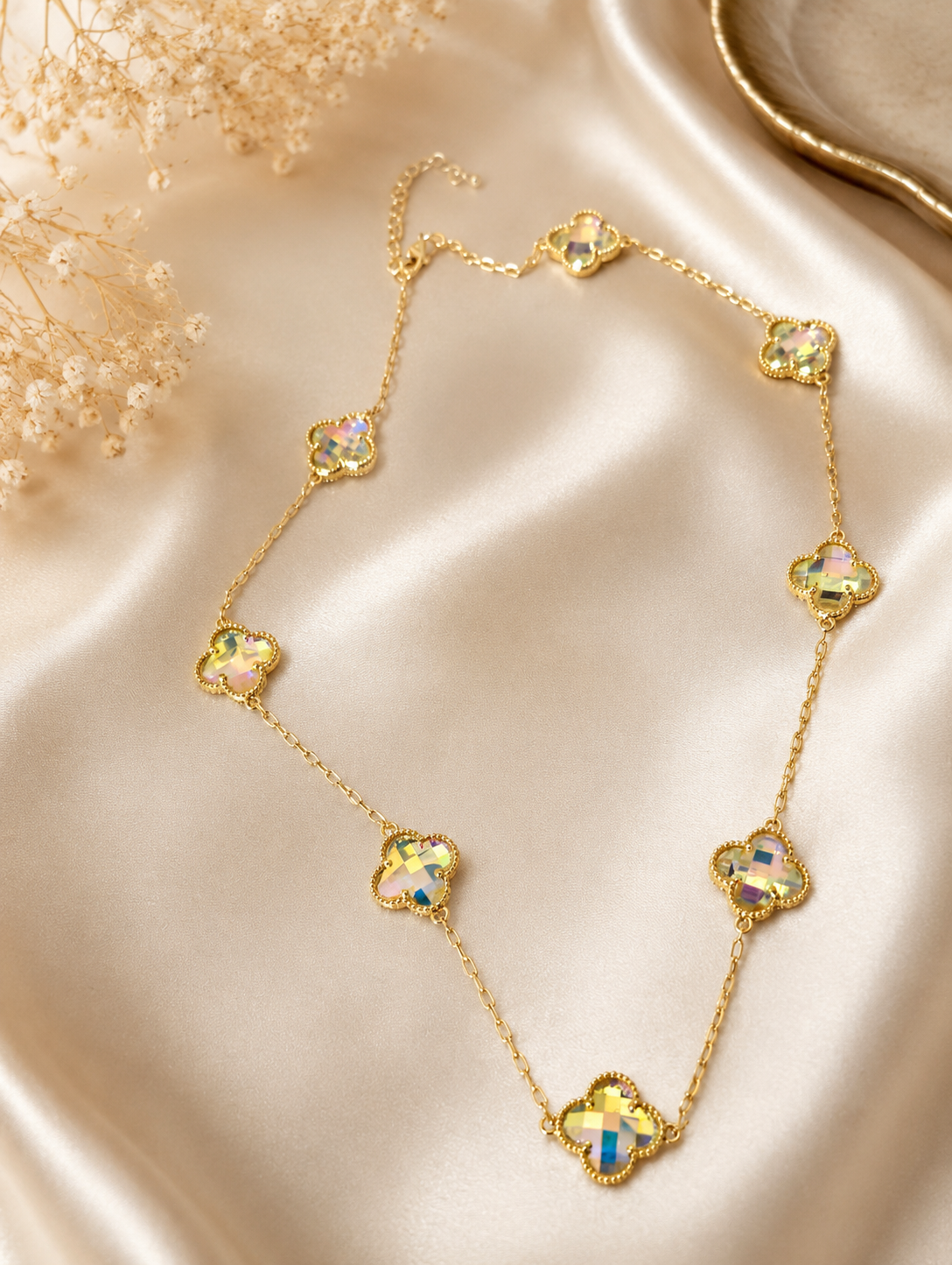 Gold Aurora Borealis Clover Station Necklace